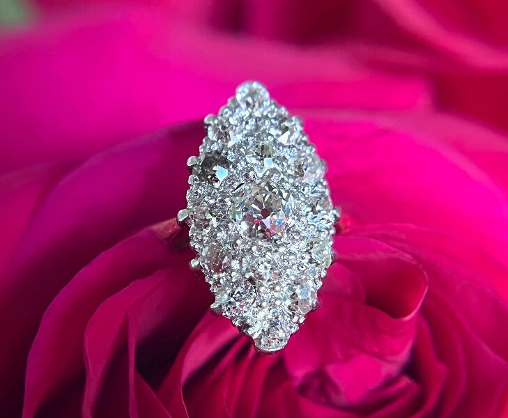 Diamond ring on vibrant pink roses.