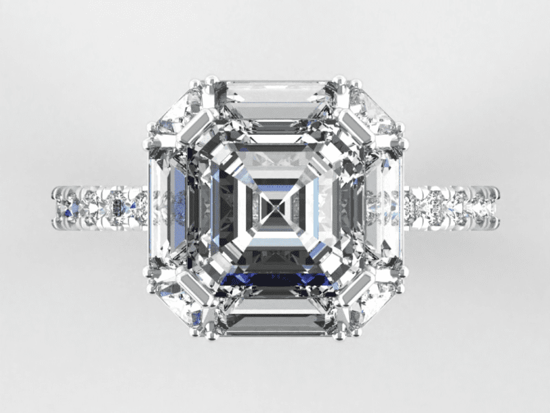 Square-cut diamond engagement ring on display.