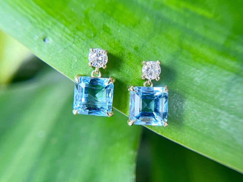 Blue gemstone earrings on green leaves.