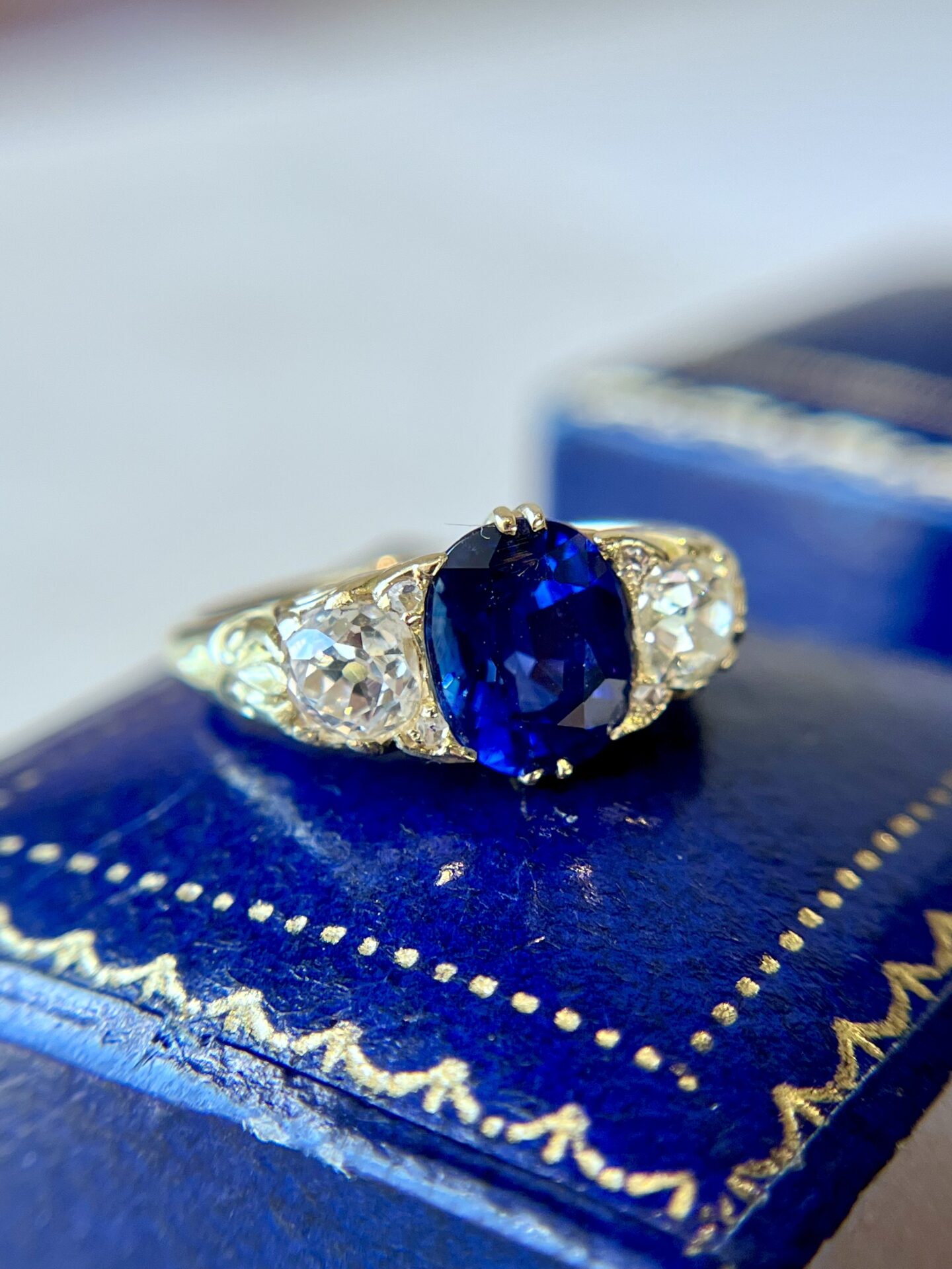 Victorian Ceylon Sapphire and Diamond "Boat" Ring