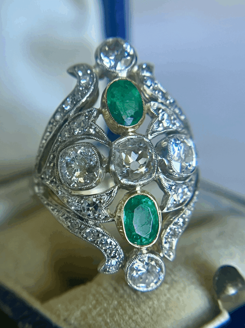 Edwardian Old Mine Cut Diamond and Emerald Ring