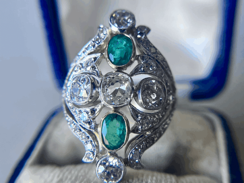 Edwardian Old Mine Cut Diamond and Emerald Ring