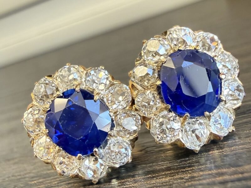 Unheated Pailin Cambodian Sapphire and Old Mine Cut Diamond Earrings