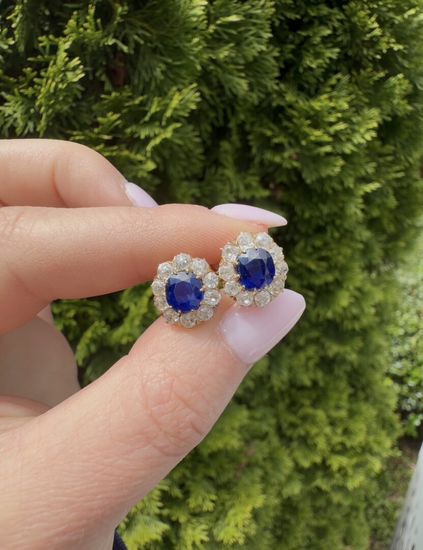 Unheated Pailin Cambodian Sapphire and Old Mine Cut Diamond Earrings