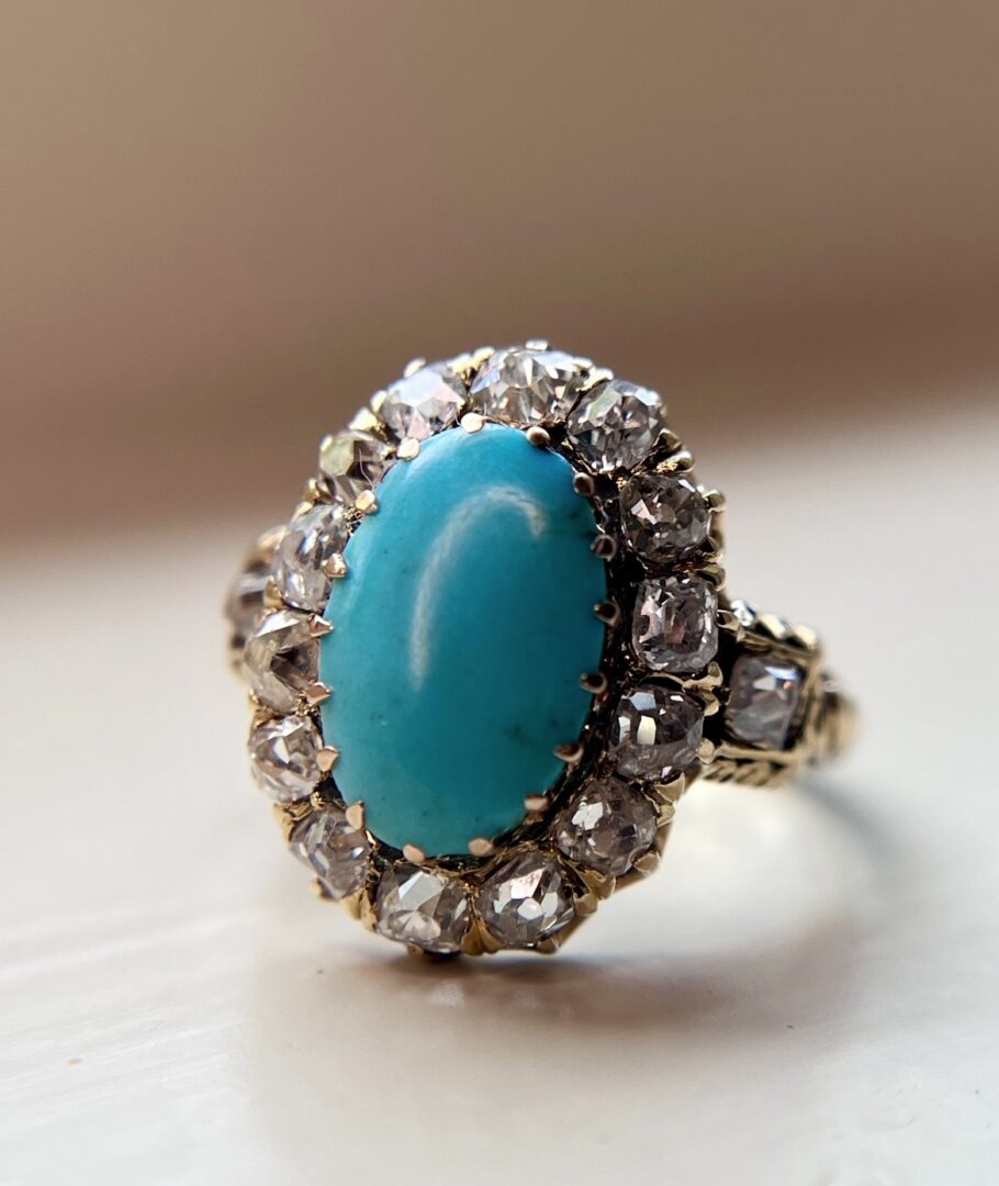 A Victorian Persian Turquoise and Old Mine Cut Diamond Ring