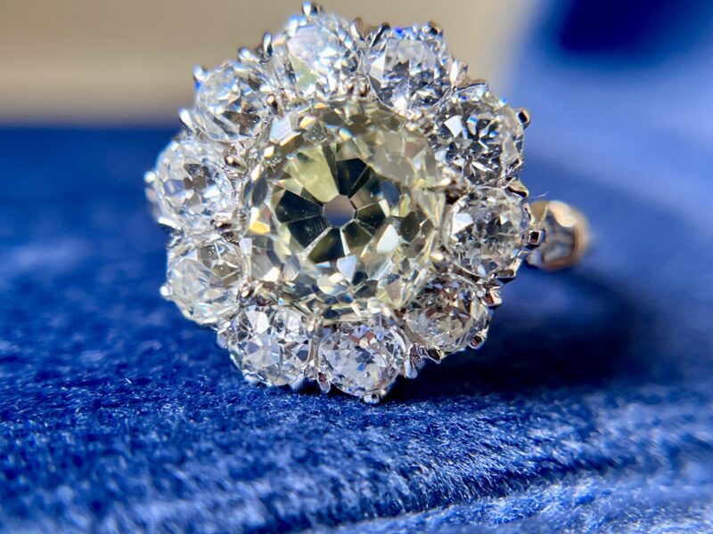 A Custom Old Mine Cut Diamond Cluster Ring