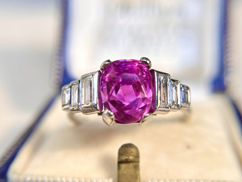 An Art Deco Vivid Pink Unheated Sapphire Ring, 4.07 carats