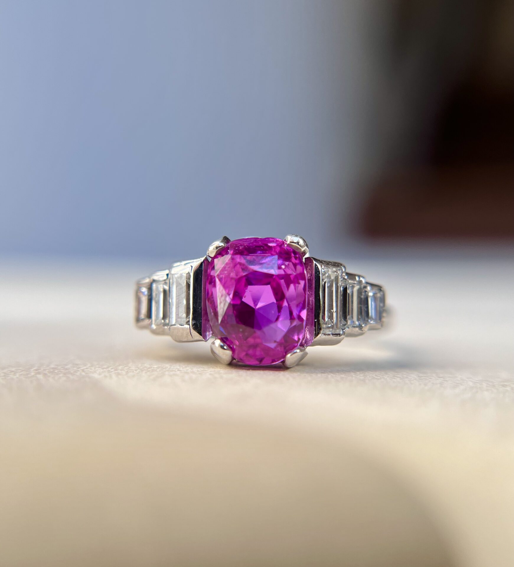An Art Deco Vivid Pink Unheated Sapphire Ring, 4.07 carats